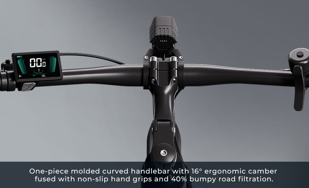 GC1995's one-piece molded handlebar with 16° ergonomic camber and non-slip grips reduces wrist fatigue and filters 40% of road vibrations