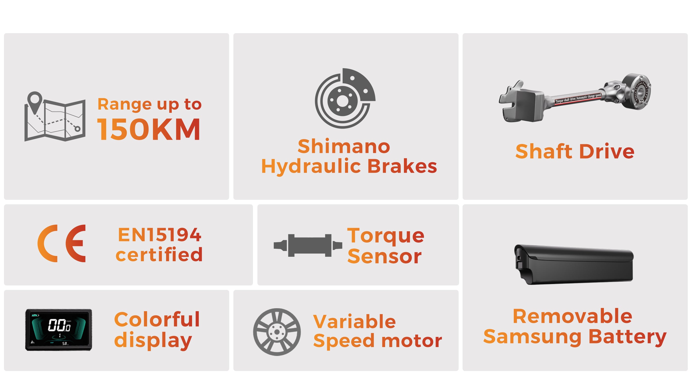 Technical specifications of Miyazaki GC1995: shaft-drive system with 600Nm torque, 150KM range, Shimano hydraulic brakes, and EN15194 certification