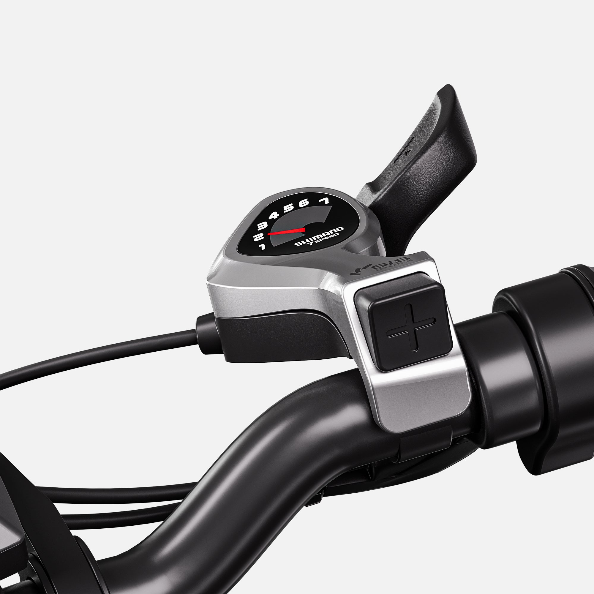 Premium Shimano gear shifter on R5 electric bike for precise control