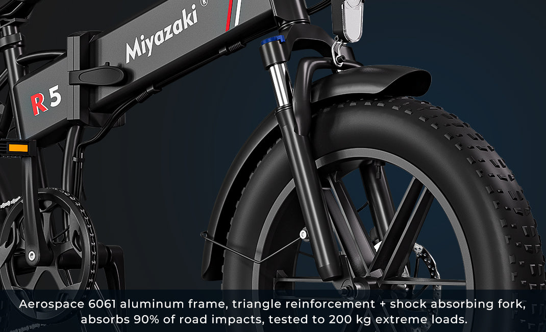R5 electric bike with aerospace-grade 60G1 aluminum frame, triangle reinforcement, and shock-absorbing fork tested for 200kg loads