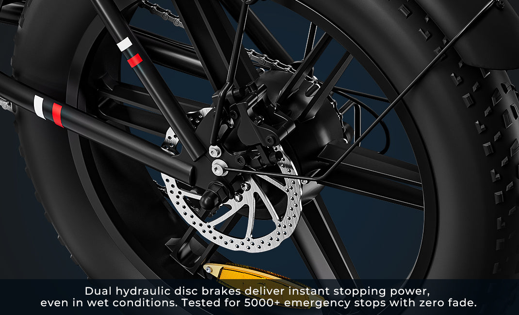R5's dual hydraulic disc brakes provide instant stopping power in all weather conditions, tested for 5000+ emergency stops