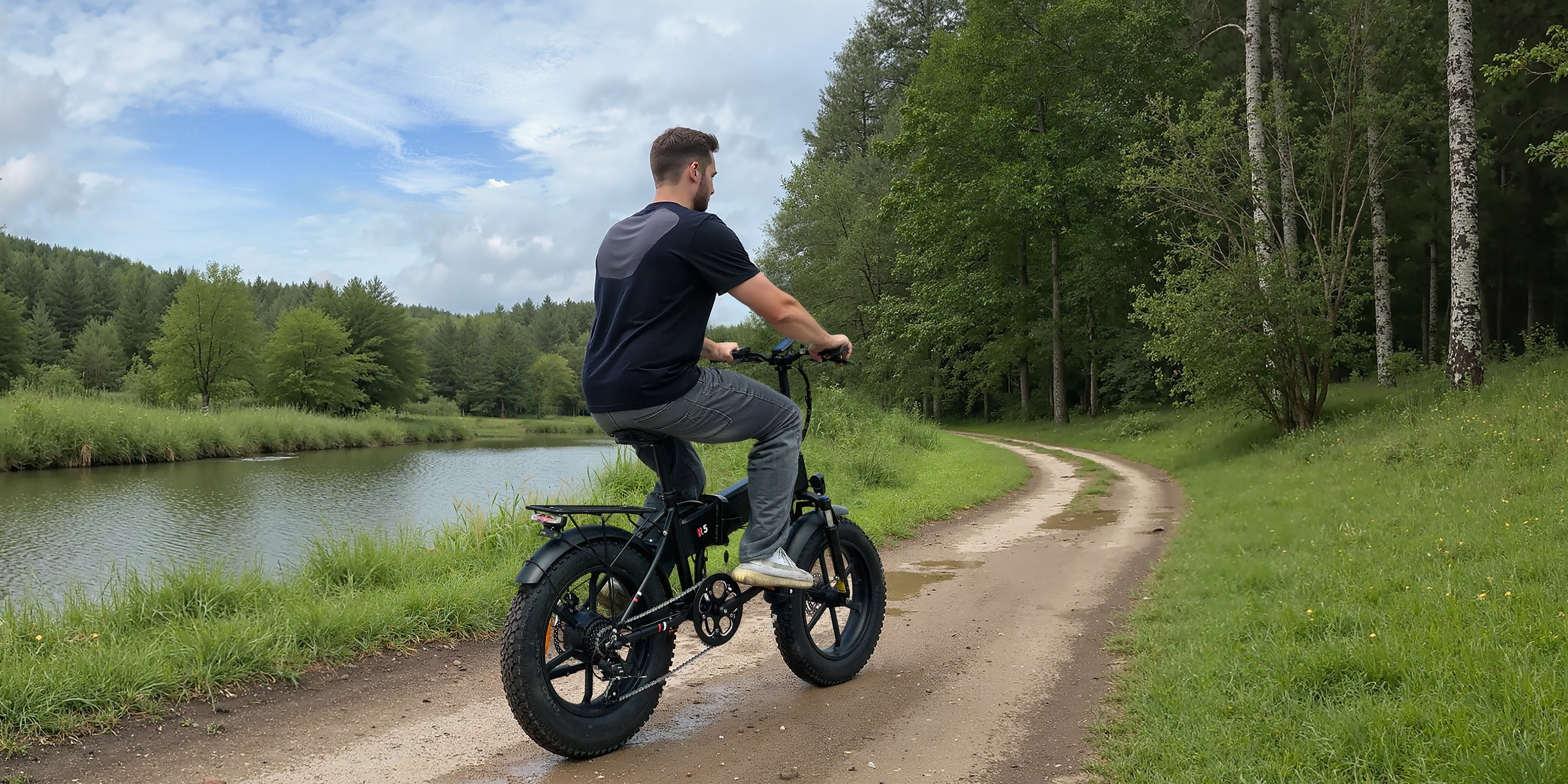 R5 electric bike conquering rugged river trails with all-terrain tires and advanced suspension for thrill-seekers