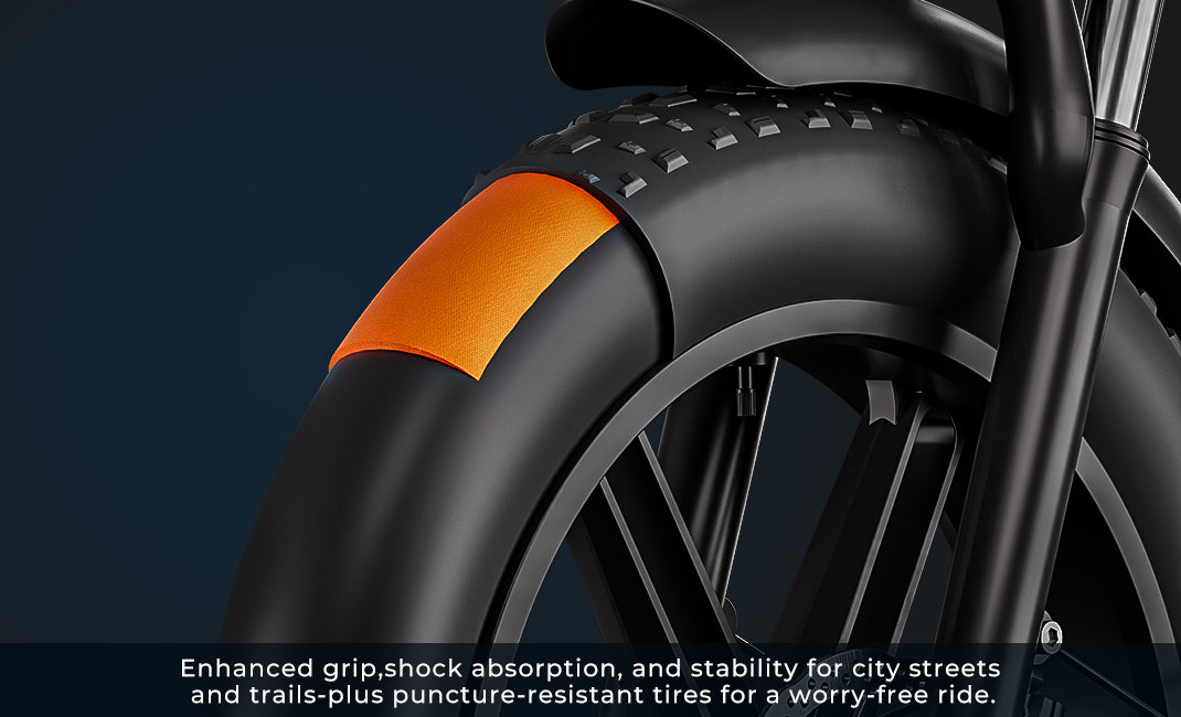 R5's all-terrain tires with enhanced grip, shock absorption, and puncture-resistant design for city and trail riding