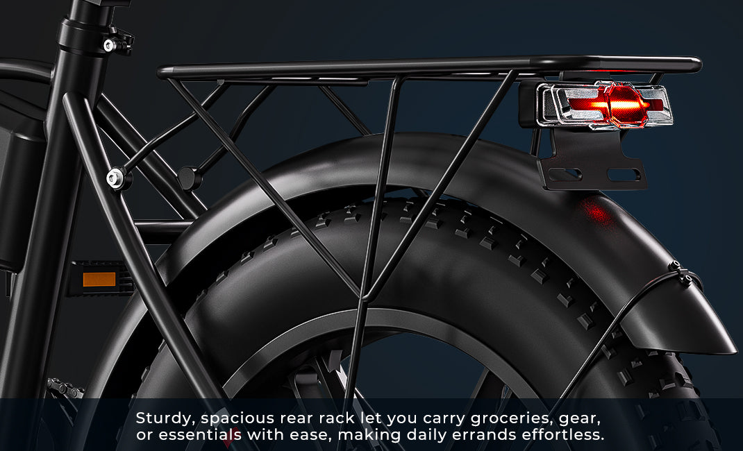 Spacious and durable rear rack on R5 ebike for carrying groceries, travel gear, or daily essentials with 20kg capacity