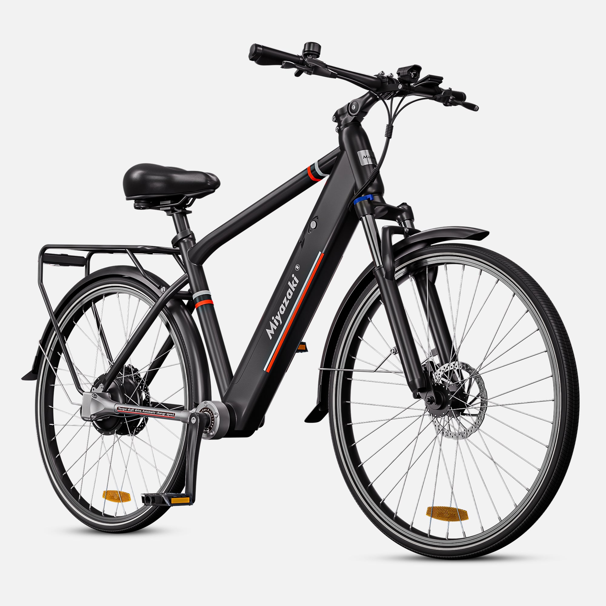 Front view of GC1995 city e-bike with shaft-drive system, lightweight aluminum frame, and integrated LED headlight for effortless urban commuting
