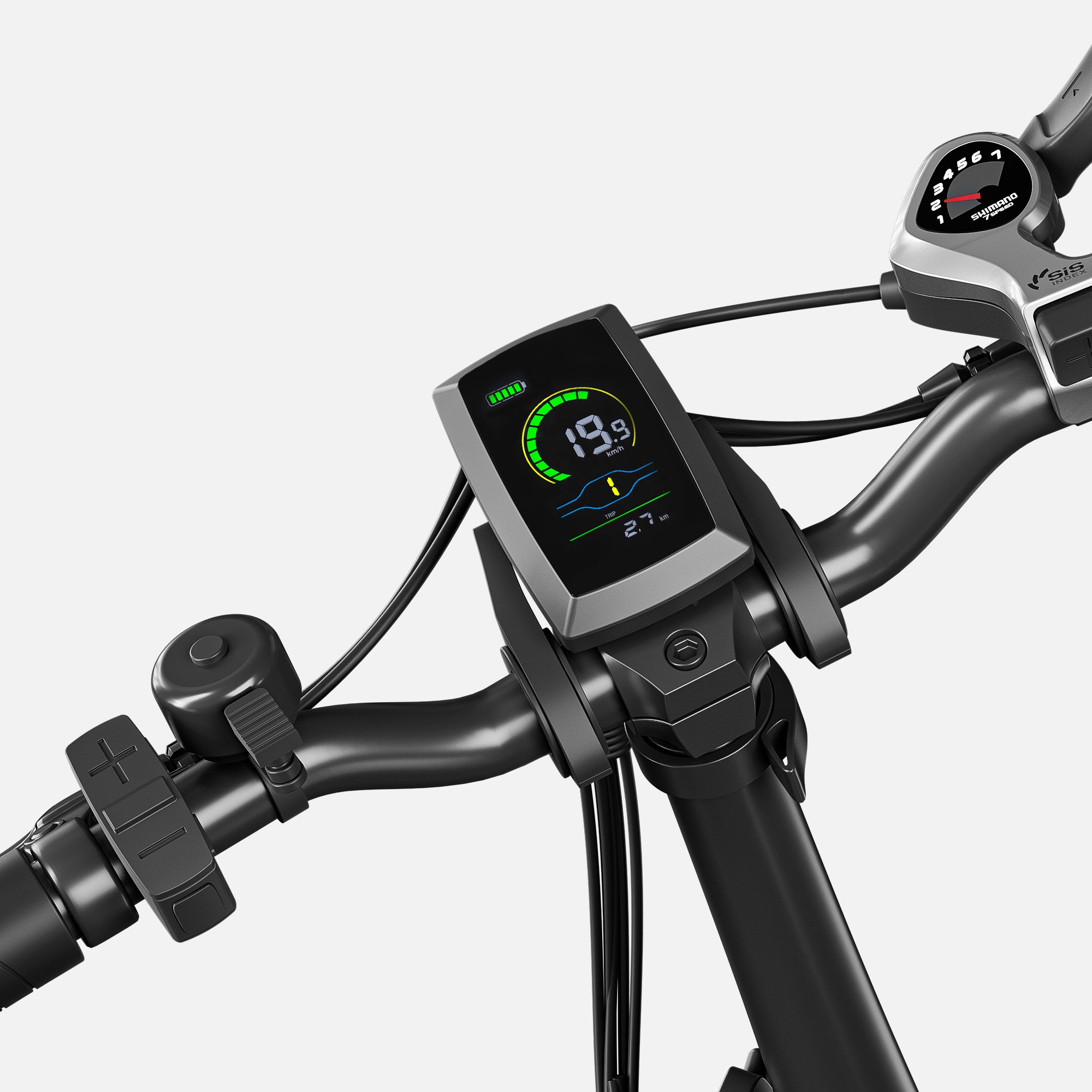 R5 ebike LCD display showing speed, battery level, and riding modes