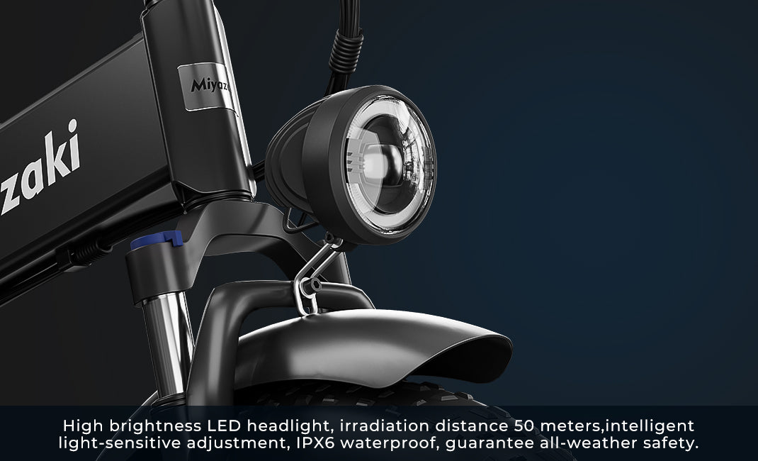 X7 Pro's high-brightness LED headlight with 50m irradiation, auto light-sensing adjustment, and IPX6 waterproof rating for all-weather safety