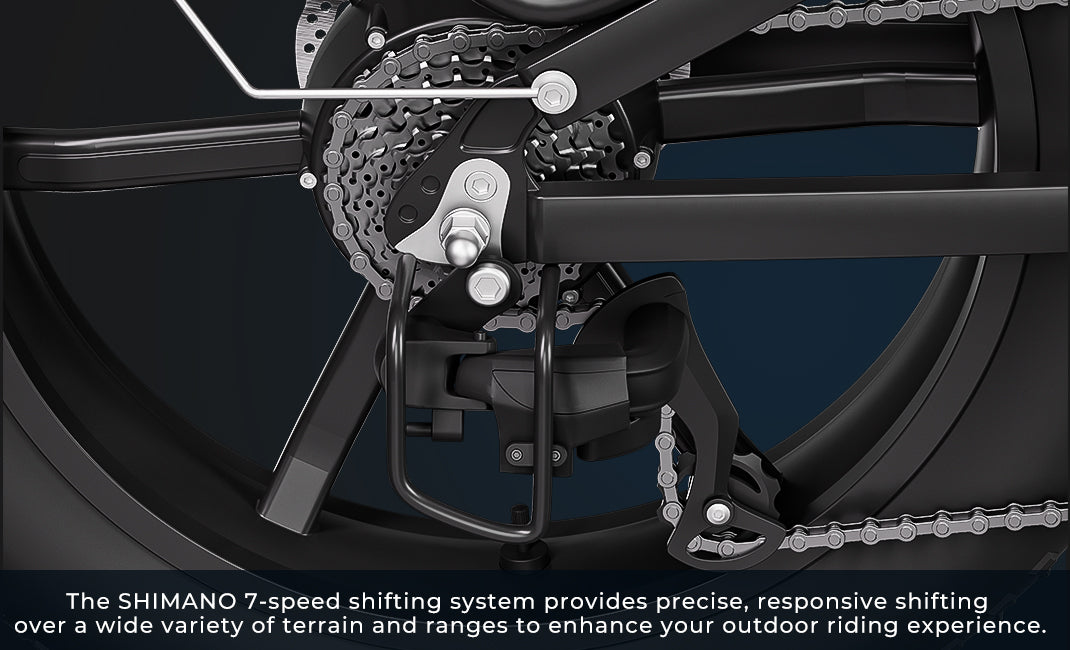 Shimano 7-speed system on X7 Pro ensures precise gear transitions across city streets and mountain trails