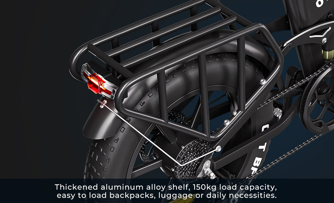 X7 Pro's thickened aluminum rear rack supports 150kg loads for groceries, luggage, or outdoor gear