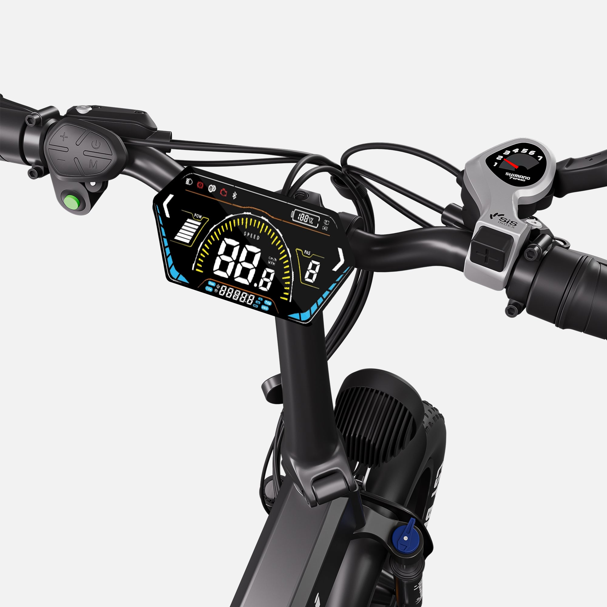 X7Pro’s handlebar with intuitive LCD display, ergonomic grips, and easy-access control buttons