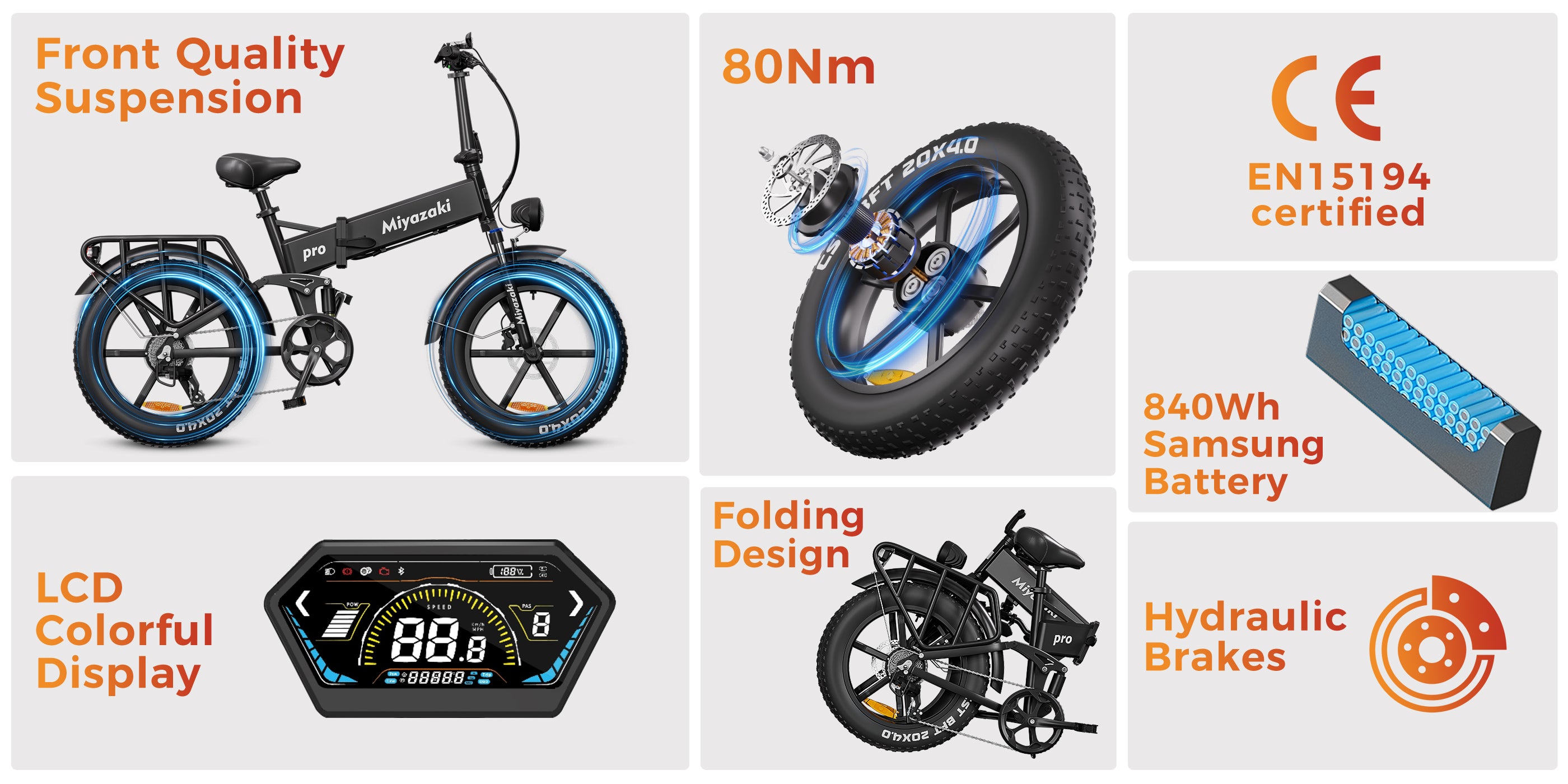 Technical specifications of Miyazaki X7 Pro: 840Wh Samsung battery, 80Nm torque, hydraulic brakes, and EN15194 certified folding design